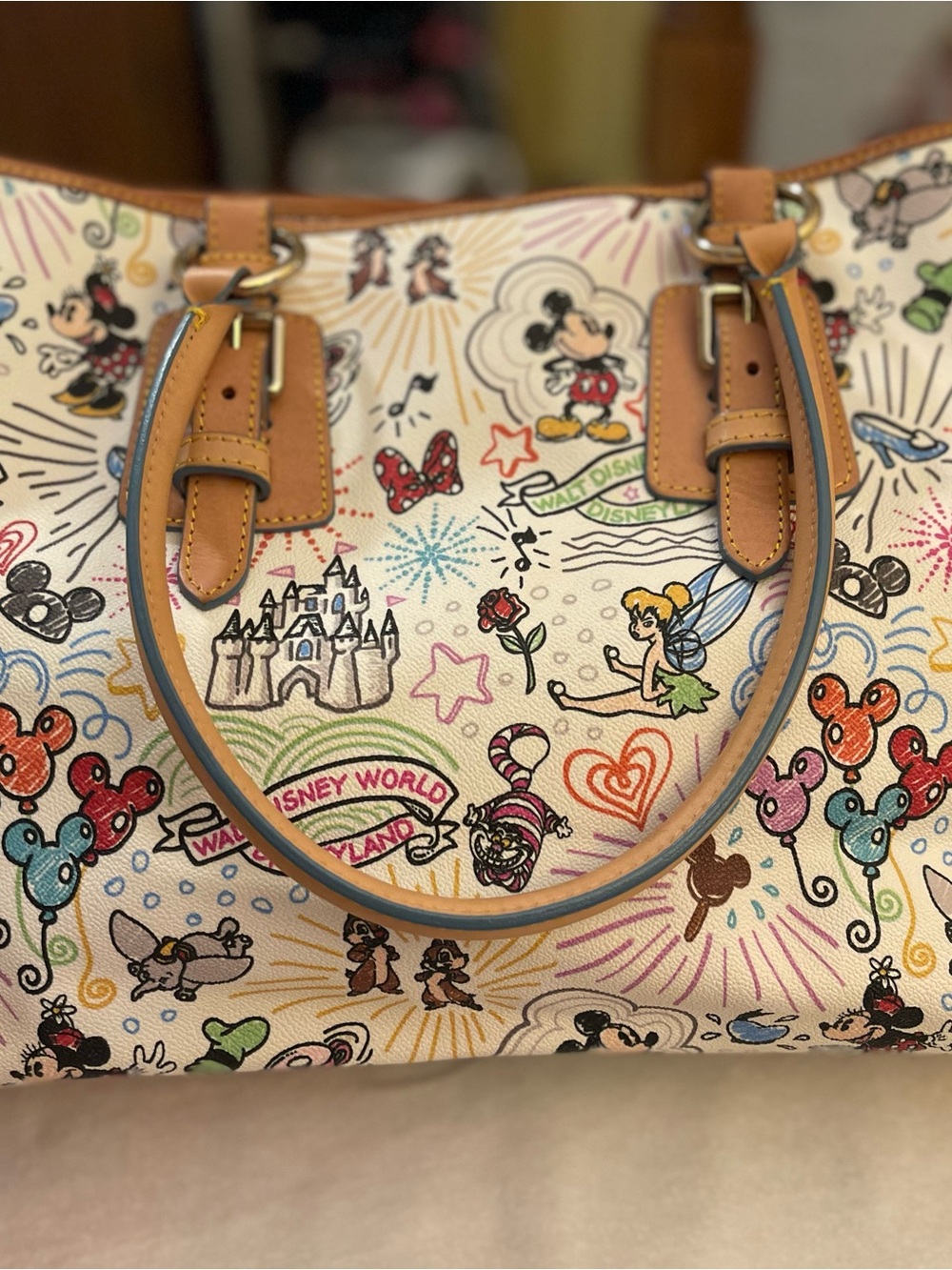 Dooney & Bourke Multicolor Disney Sketch Canvas Tote with Tan Leather Trim - Picture 5 of 9